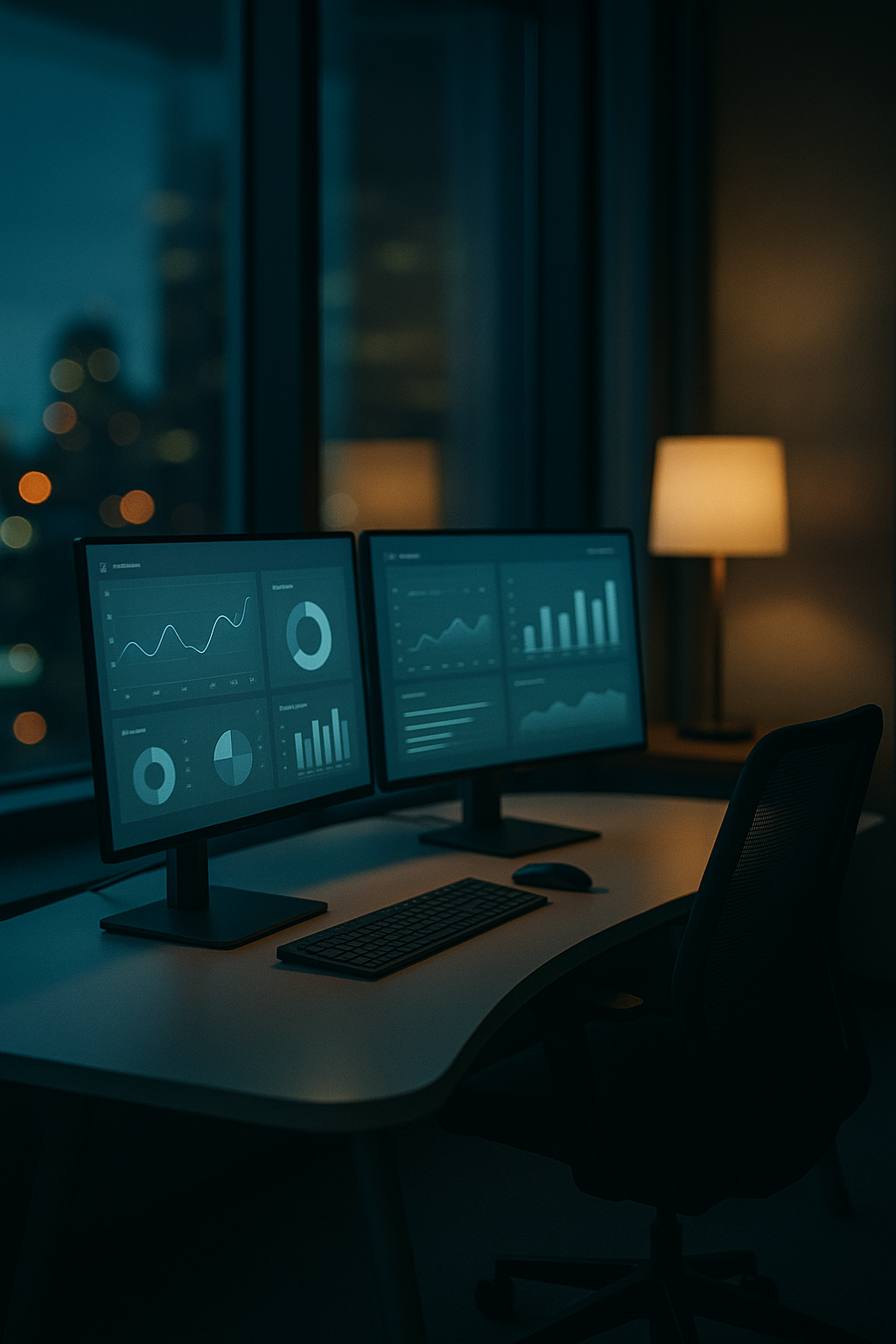 Estación de trabajo con paneles de analítica en una oficina moderna al anochecer